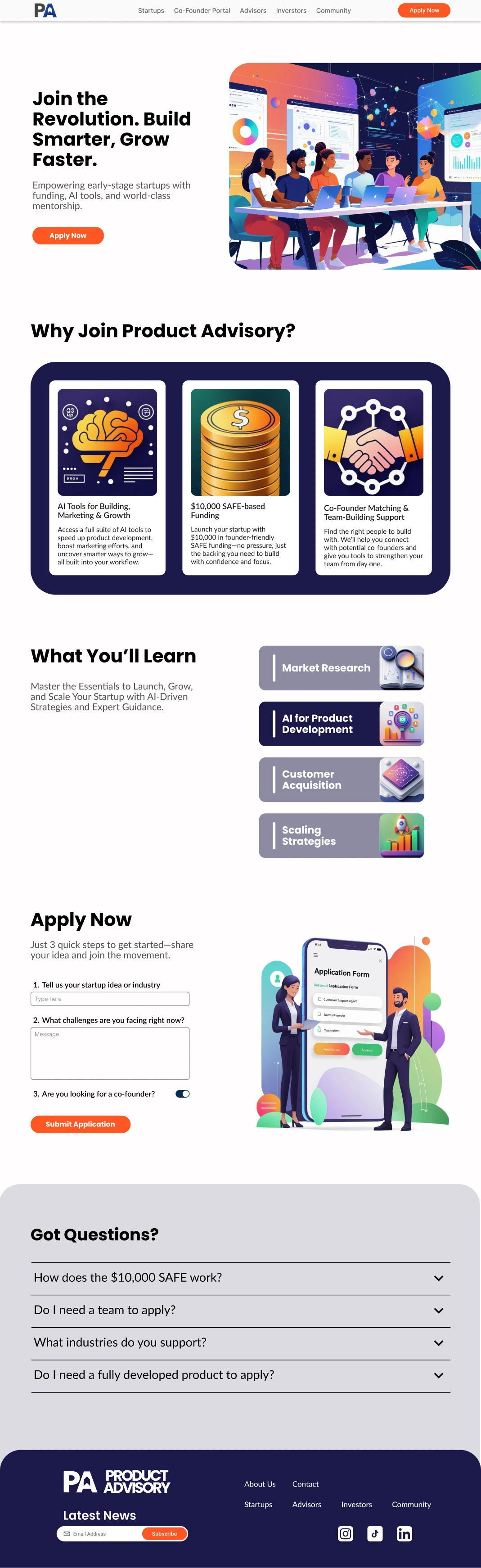 Product Advisory - Startup Page